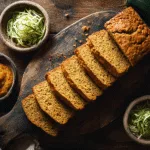 Overhead view of pumpkin zucchini bread slices with ingredients