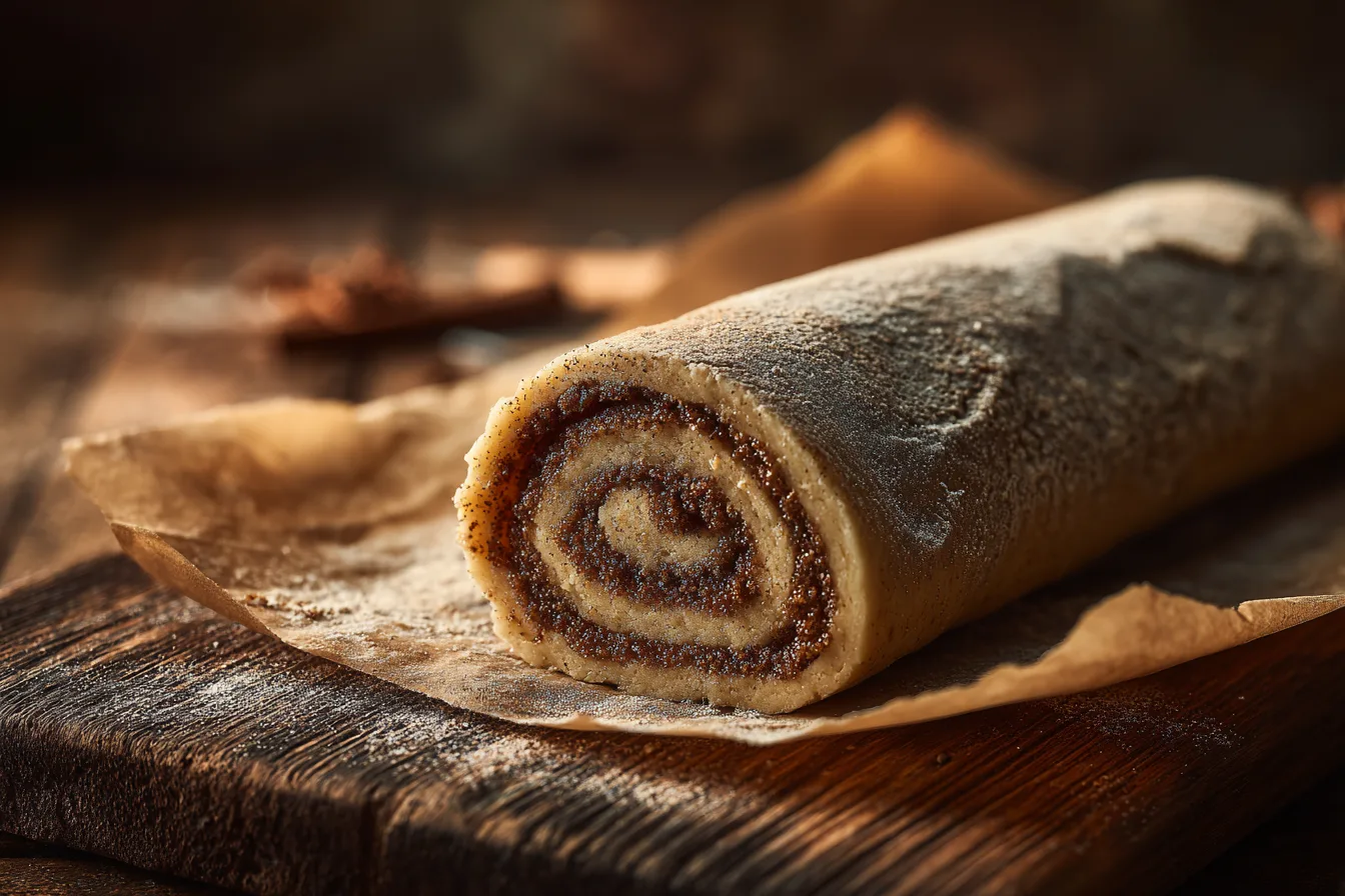 Rolling dough with brown sugar cinnamon filling for cinnamon roll cookies