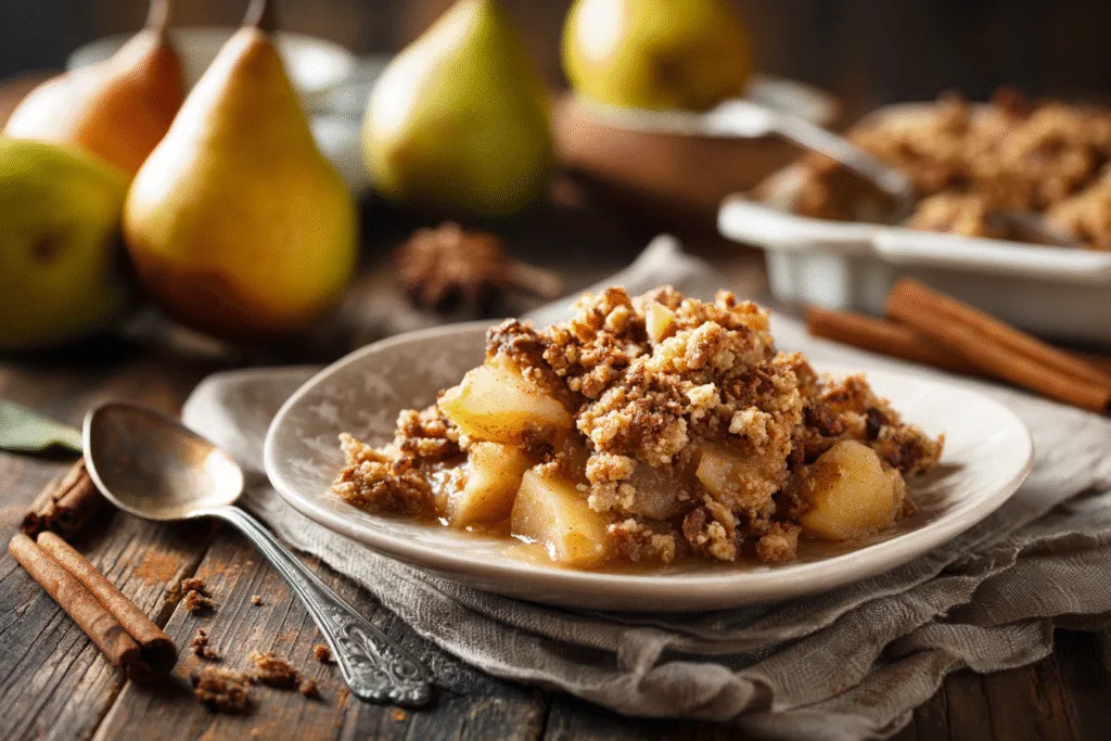 Pear crumble dessert plated with fall garnish