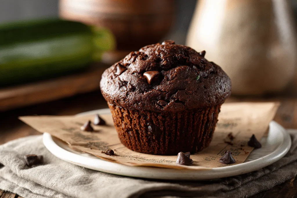 single chocolate zucchini muffin served on dessert plate