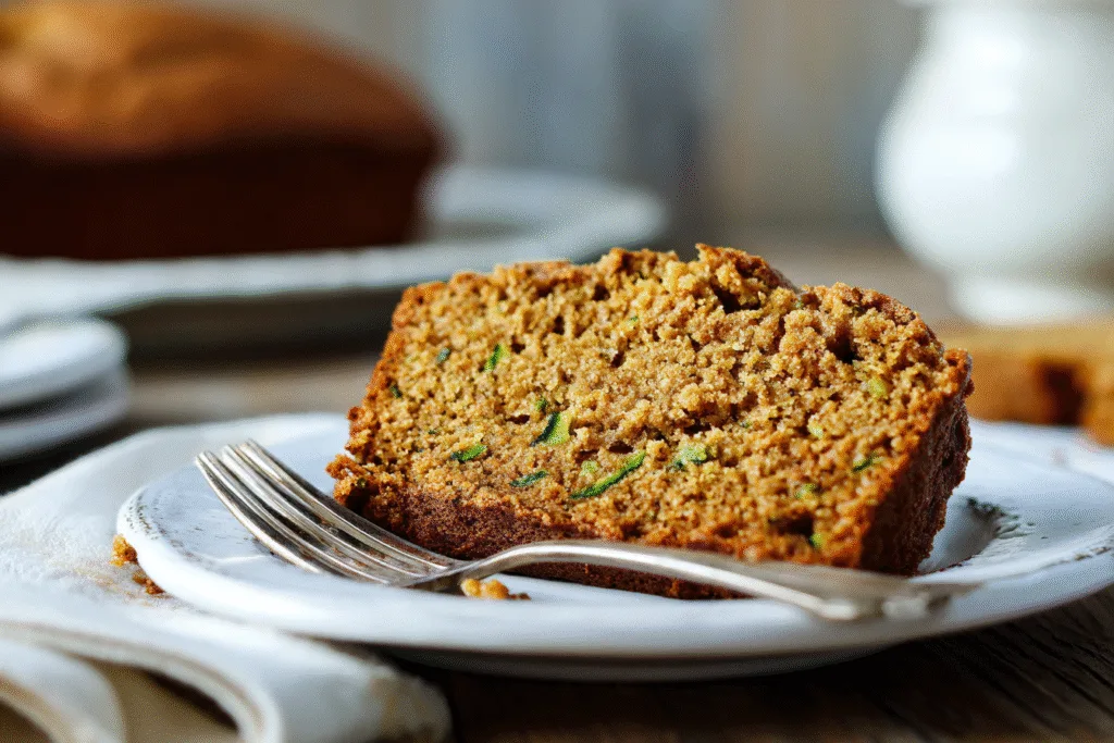Slice of pumpkin zucchini bread served on plate