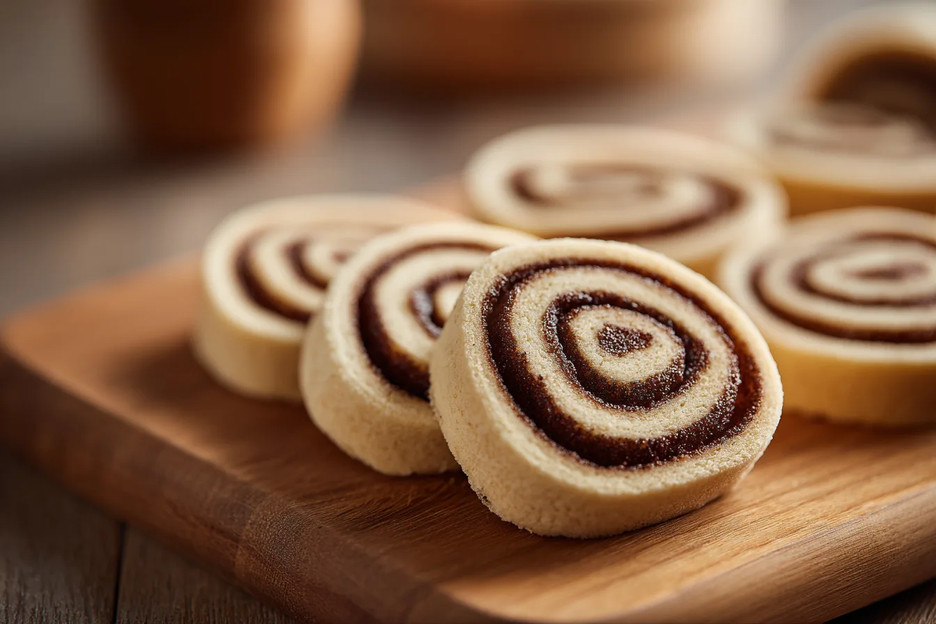 Slicing chilled dough log into rounds for cinnamon roll cookies