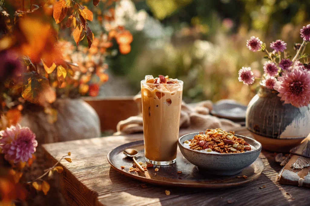 Tahini Iced Coffee with granola and fruit for brunch