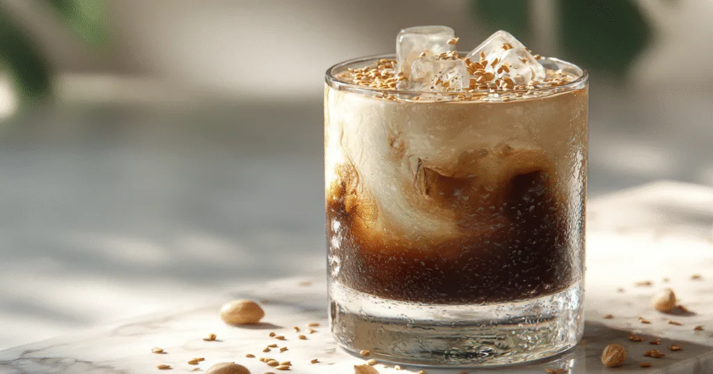 Tahini Iced Coffee in a clear glass with sesame seeds and ice