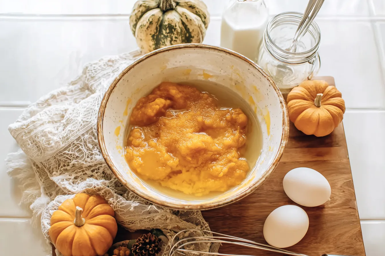 Mixing wet ingredients for mini pumpkin muffins