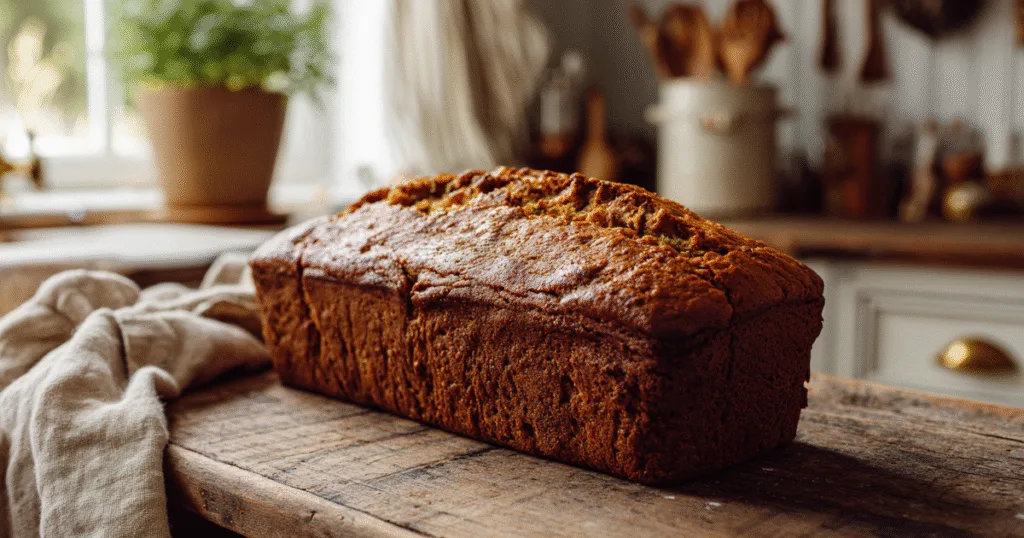 Close-up of whole pumpkin zucchini bread loaf on rustic counter