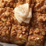 Apple pie baked oatmeal sliced into squares topped with cinnamon and apple slices