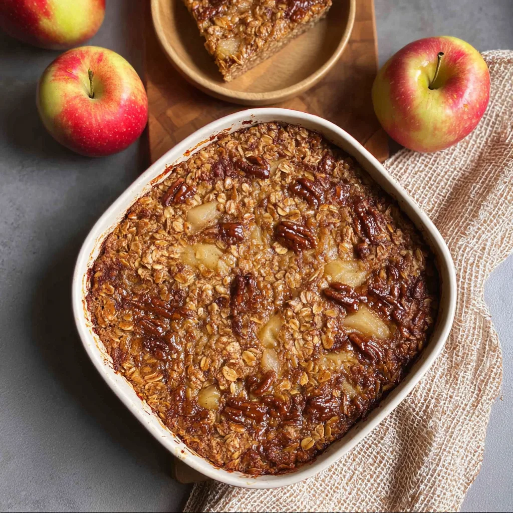 Apple pie baked oatmeal with pecans in a square dish