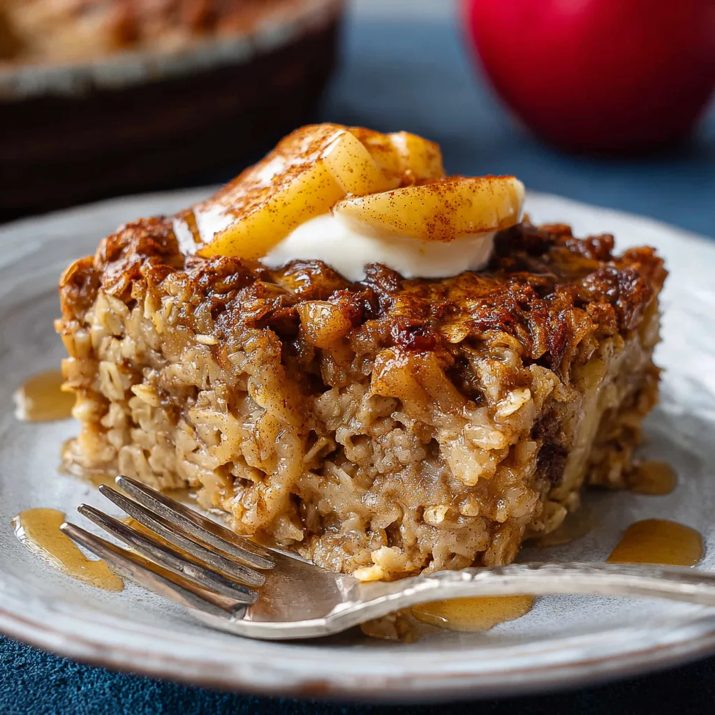 Apple pie baked oatmeal slice with cinnamon apples on top