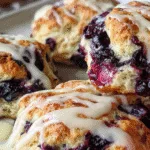 Bakery-style blueberry biscuits with glaze on white plate
