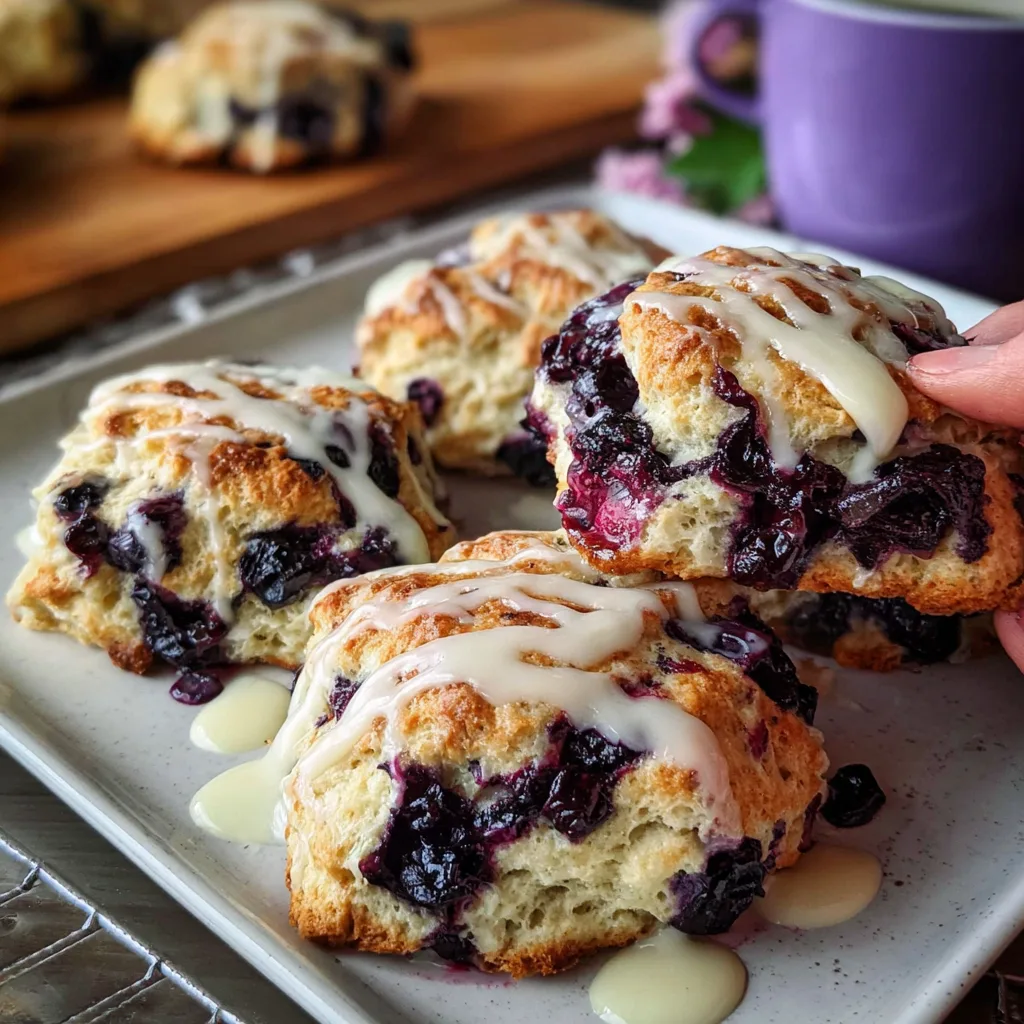 Bakery-style blueberry biscuits with glaze on white plate