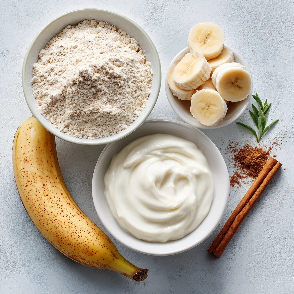 Flat lay of Greek yogurt banana bread ingredients including bananas, flour, yogurt, cinnamon