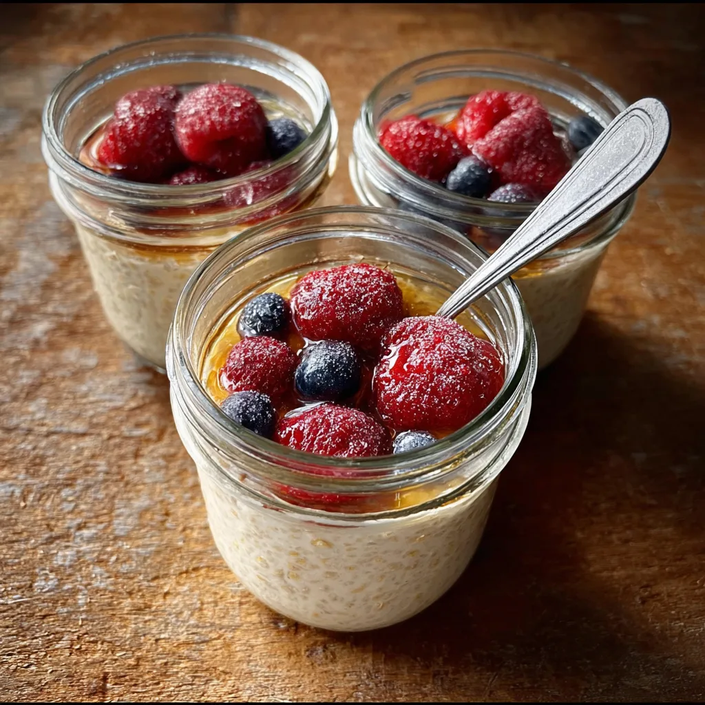 Creamy blended overnight oats in a glass jar topped with fresh raspberries and blueberries