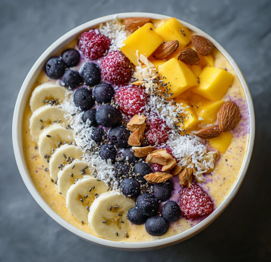 mango raspberry blueberry smoothie bowl topped with banana slices almonds and coconut flakes