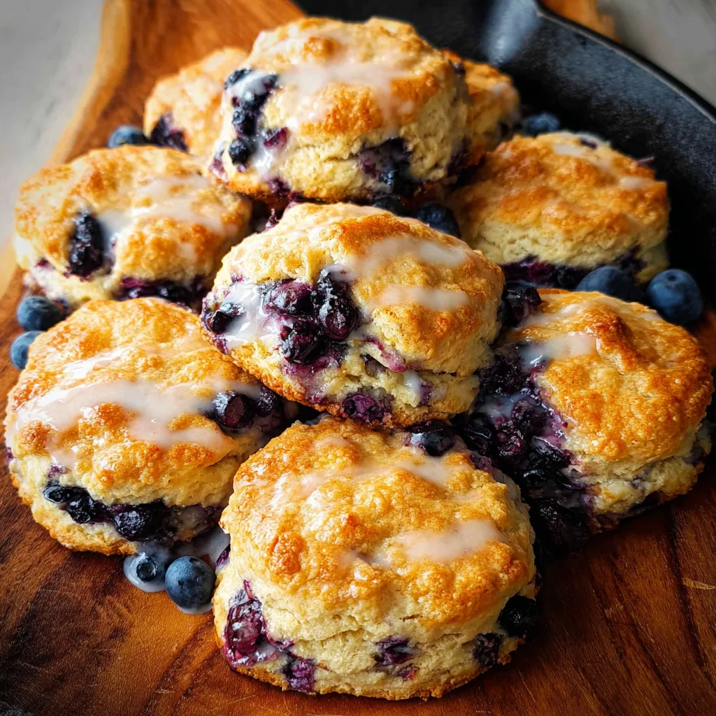 Golden blueberry biscuits with glaze in a cast iron skillet on wooden board