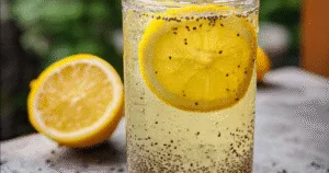 Chia seed lemonade in clear glass with lemon slice near garden background