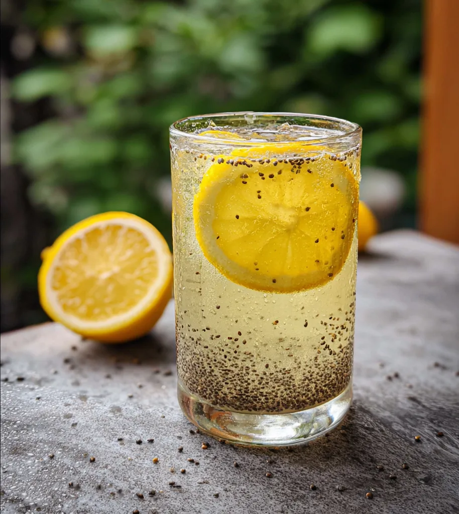 Chia seed lemonade in clear glass with lemon slice near garden background