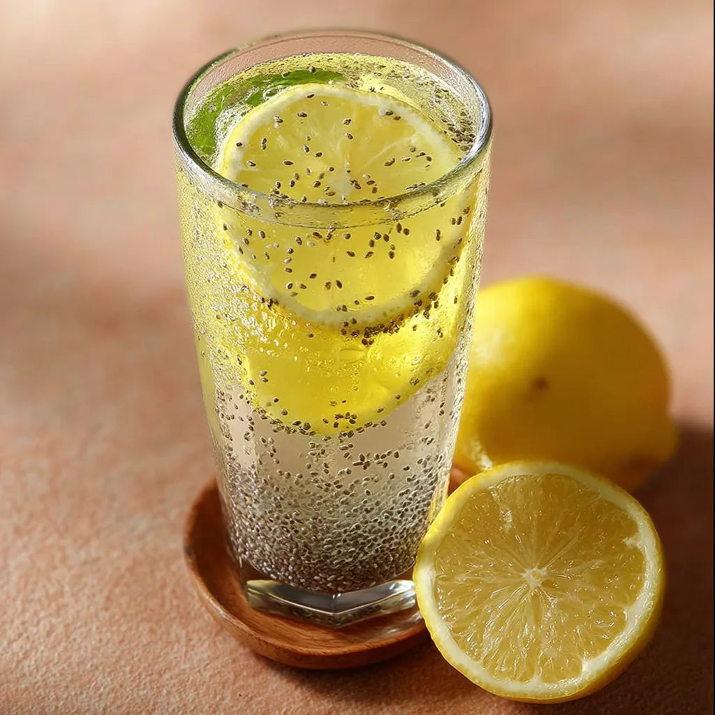 Glass of chia lemonade with lemon slices and whole lemons on table