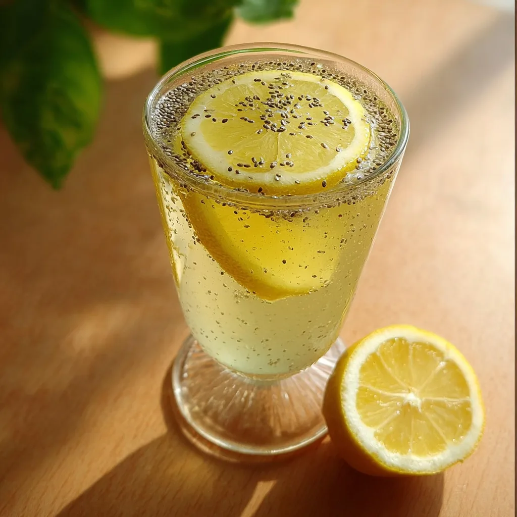 Glass of chia seed lemonade in natural sunlight with lemon slice