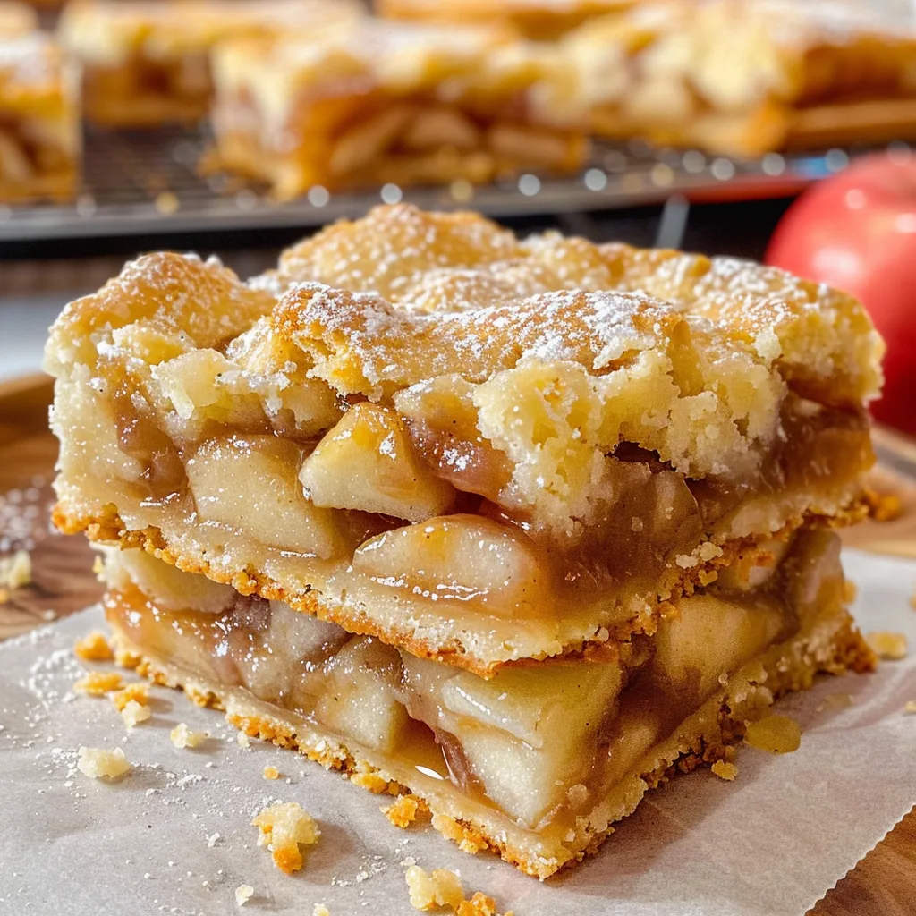 Chunky apple pie bars with thick fruit filling and dusted sugar