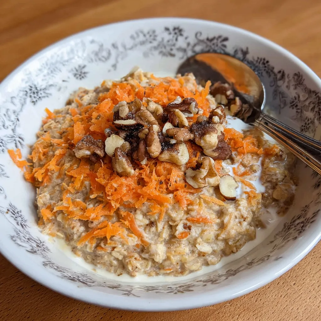 Creamy oatmeal with shredded carrots and walnuts