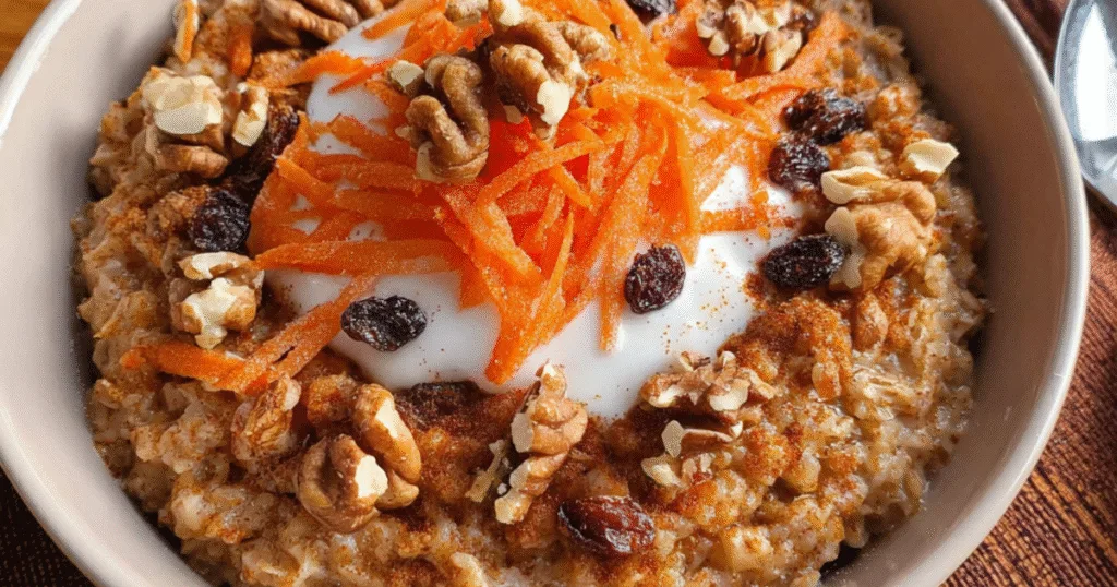Cozy carrot cake oatmeal bowl with raisins, yogurt, and walnuts