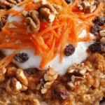 Cozy carrot cake oatmeal bowl with raisins, yogurt, and walnuts