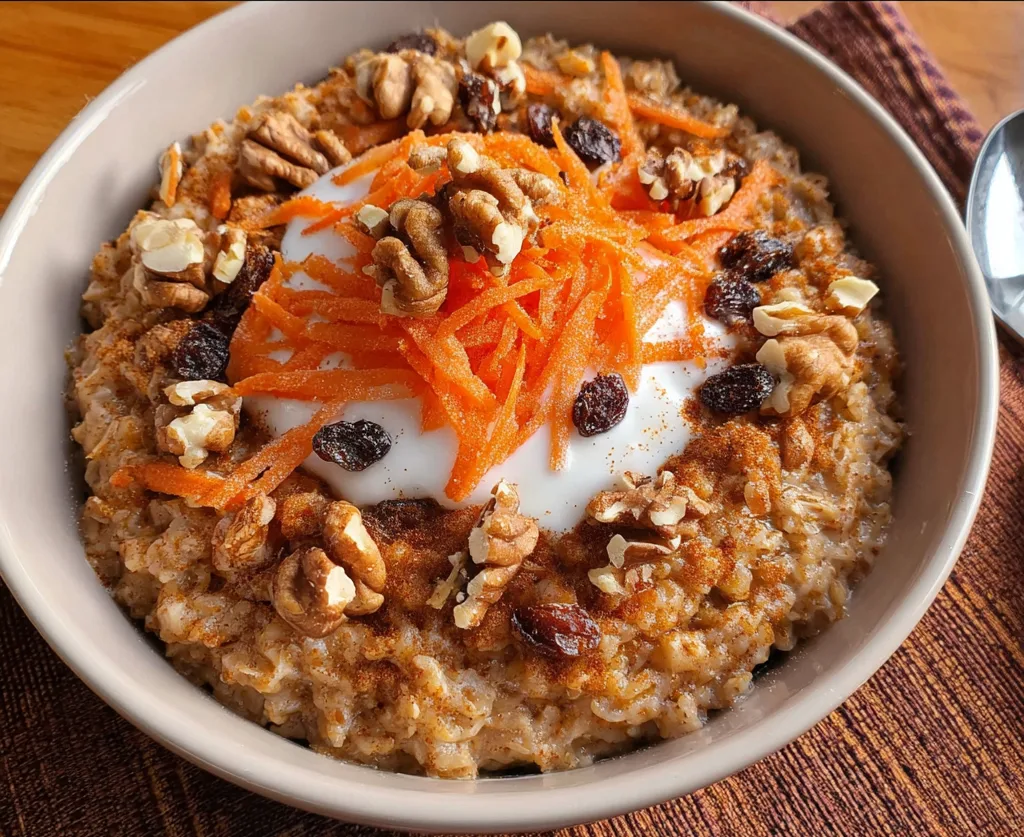 Cozy carrot cake oatmeal bowl with raisins, yogurt, and walnuts