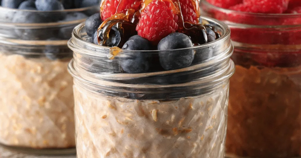Blended oats topped with raspberries, blueberries, and honey in a glass jar