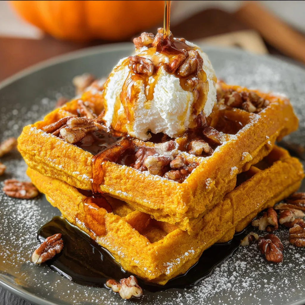Pumpkin waffles with pecans, whipped cream, and maple syrup drizzle