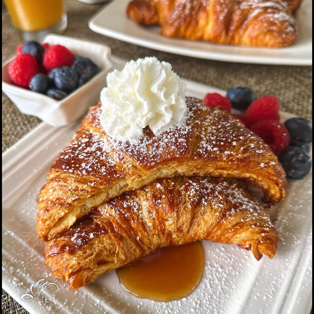 Croissant French toast with whipped cream and syrup on a square white plate