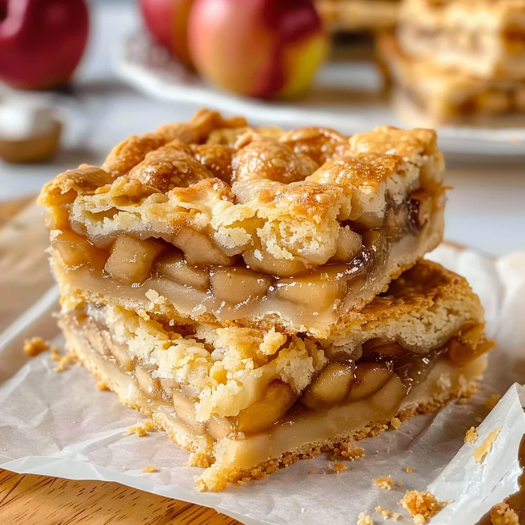 Double-layer apple pie bars stacked on parchment paper