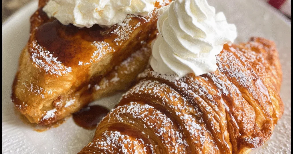 Two croissant French toast servings topped with whipped cream and berries