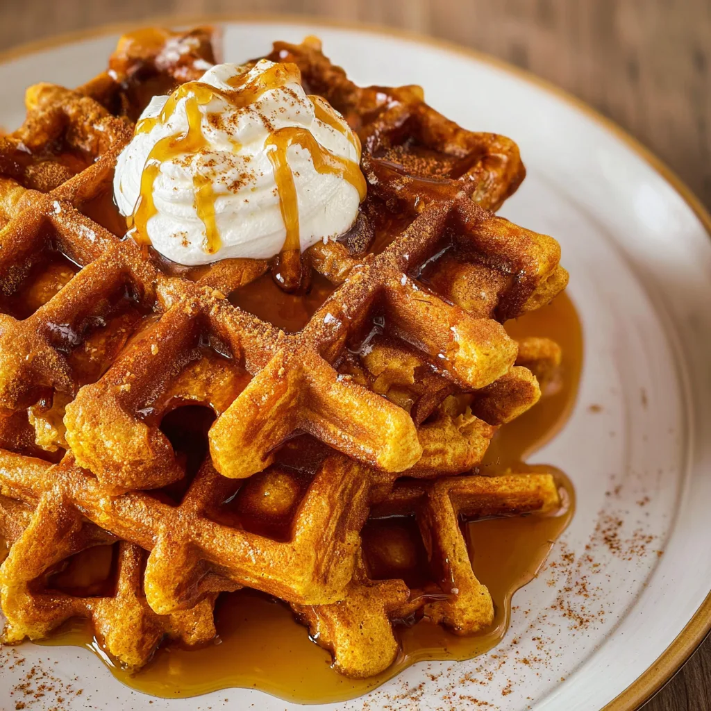 Crispy pumpkin waffles with whipped cream and cinnamon drizzle