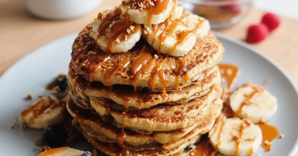 Stack of peanut butter pancakes with banana slices and syrup drizzle