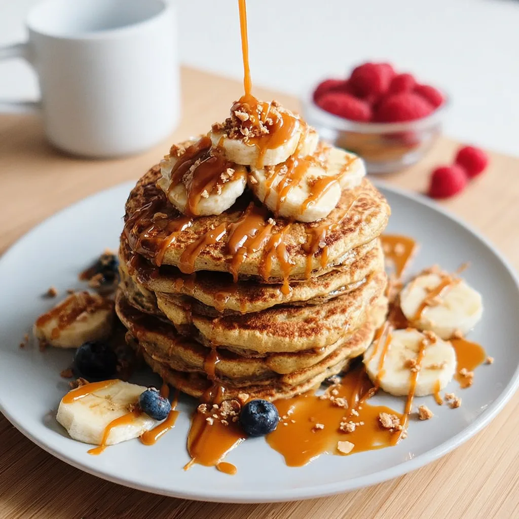 Stack of peanut butter pancakes with banana slices and syrup drizzle