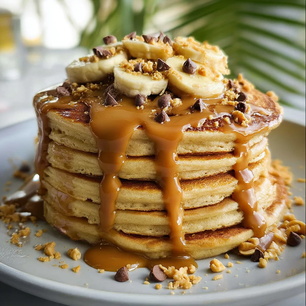 Trendy peanut butter pancakes with bananas, chocolate chips, and syrup