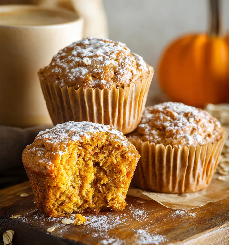 Pumpkin oat muffins next to a warm drink and mini pumpkin