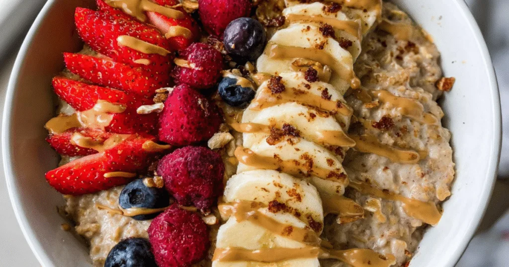 High protein oatmeal with banana, strawberries, raspberries, and blueberries