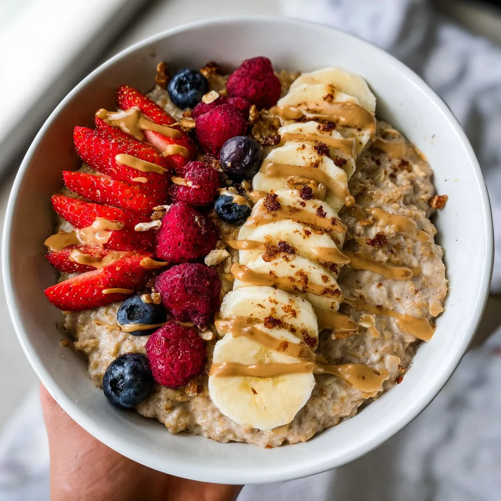 High protein oatmeal with banana, strawberries, raspberries, and blueberries