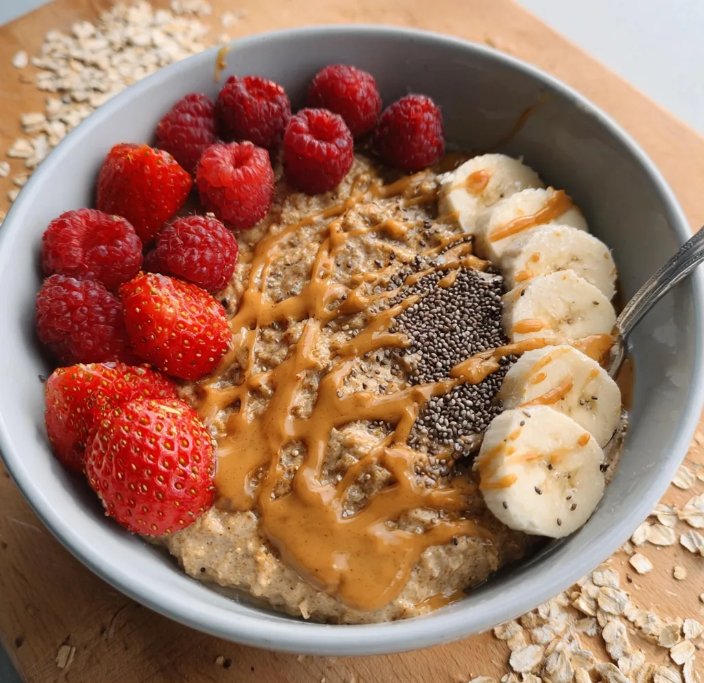 High protein oatmeal with chia, raspberries, banana, and strawberries