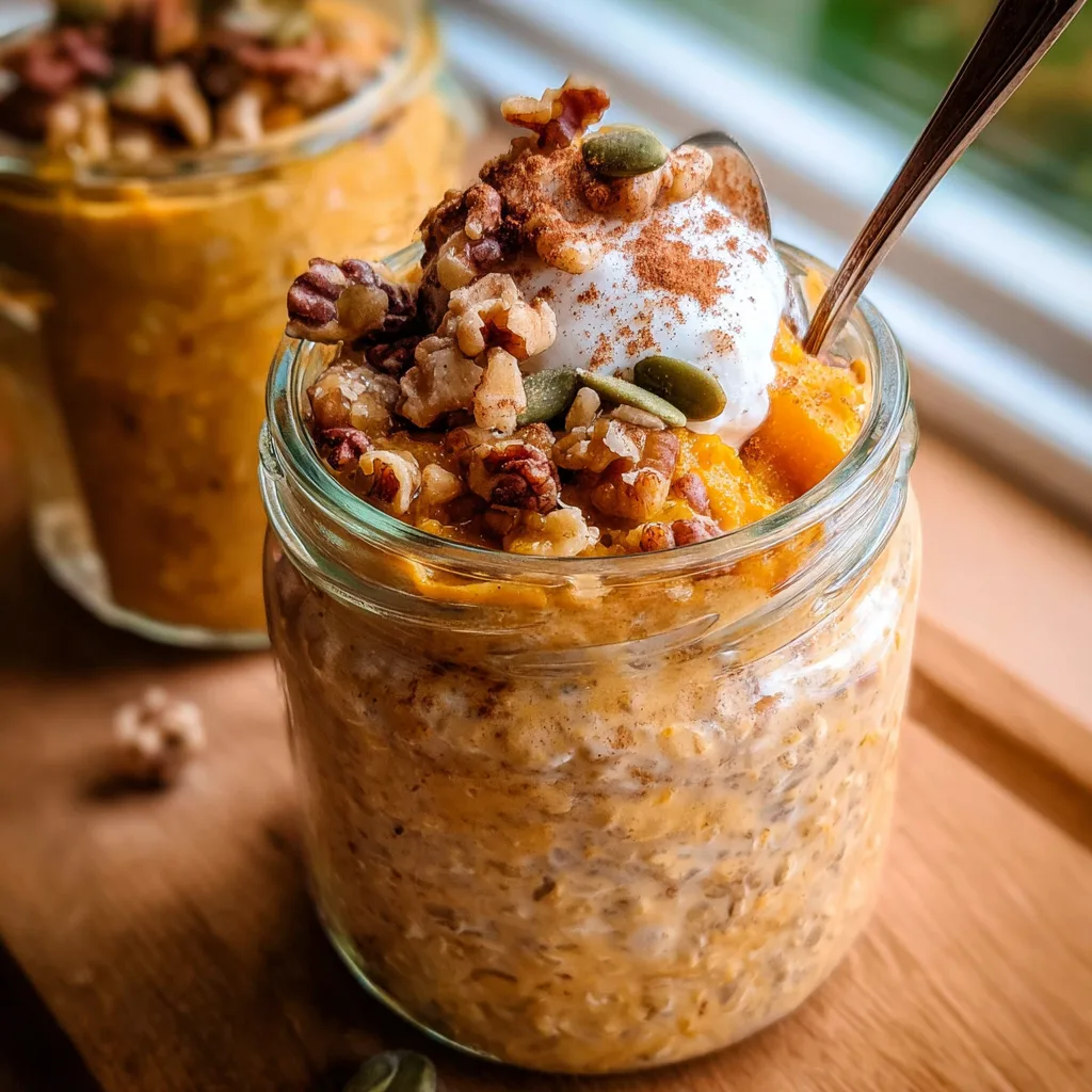 Kid-sized pumpkin overnight oats with nuts, yogurt, and pumpkin seeds