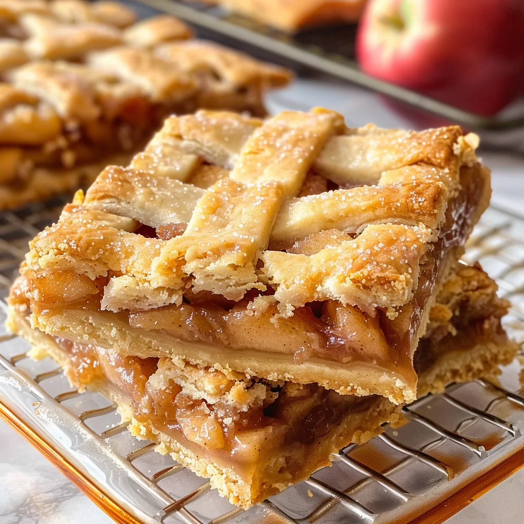 Lattice-topped apple pie bars cooling on a rack