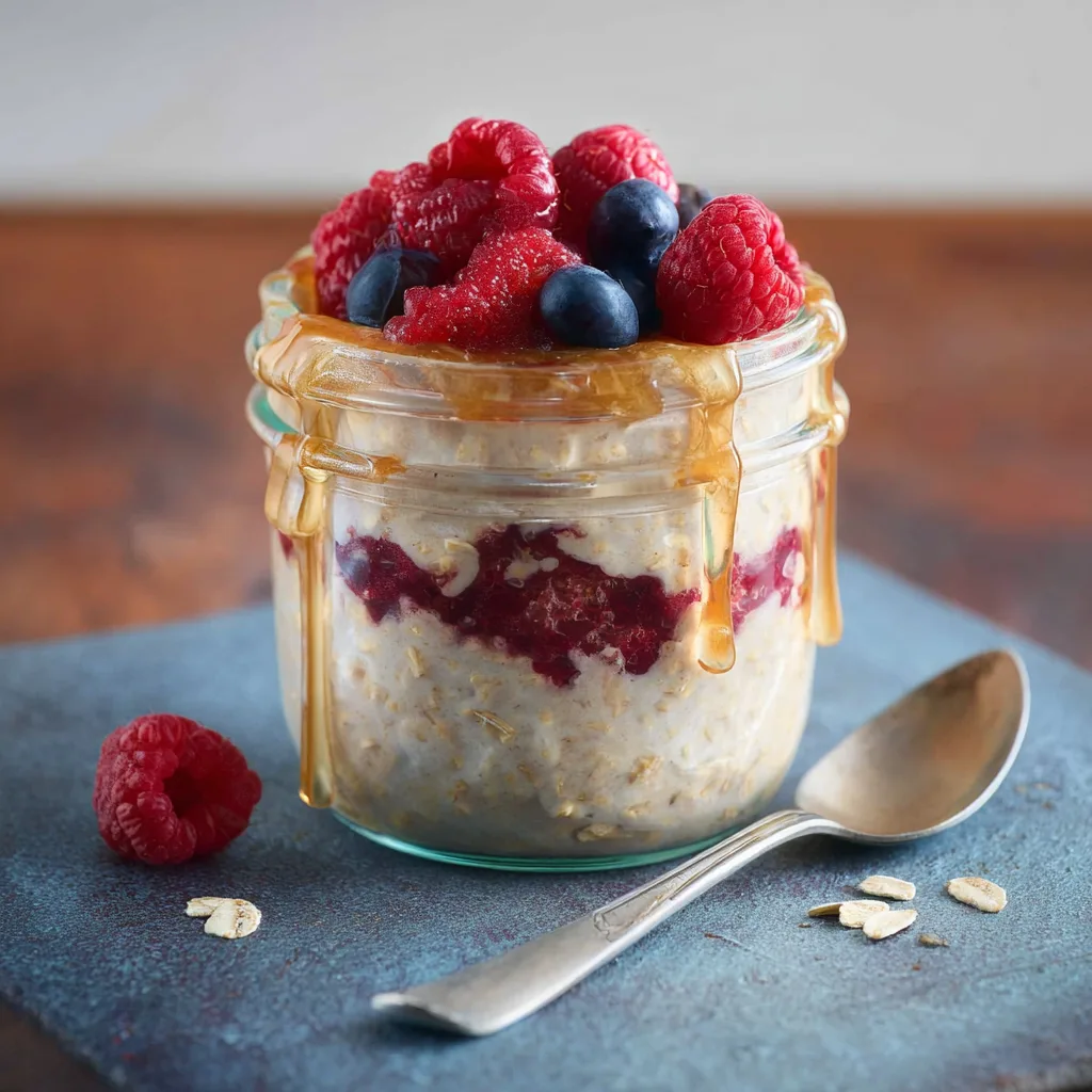 Layered overnight oats with berry jam, fresh fruit, and honey drizzle