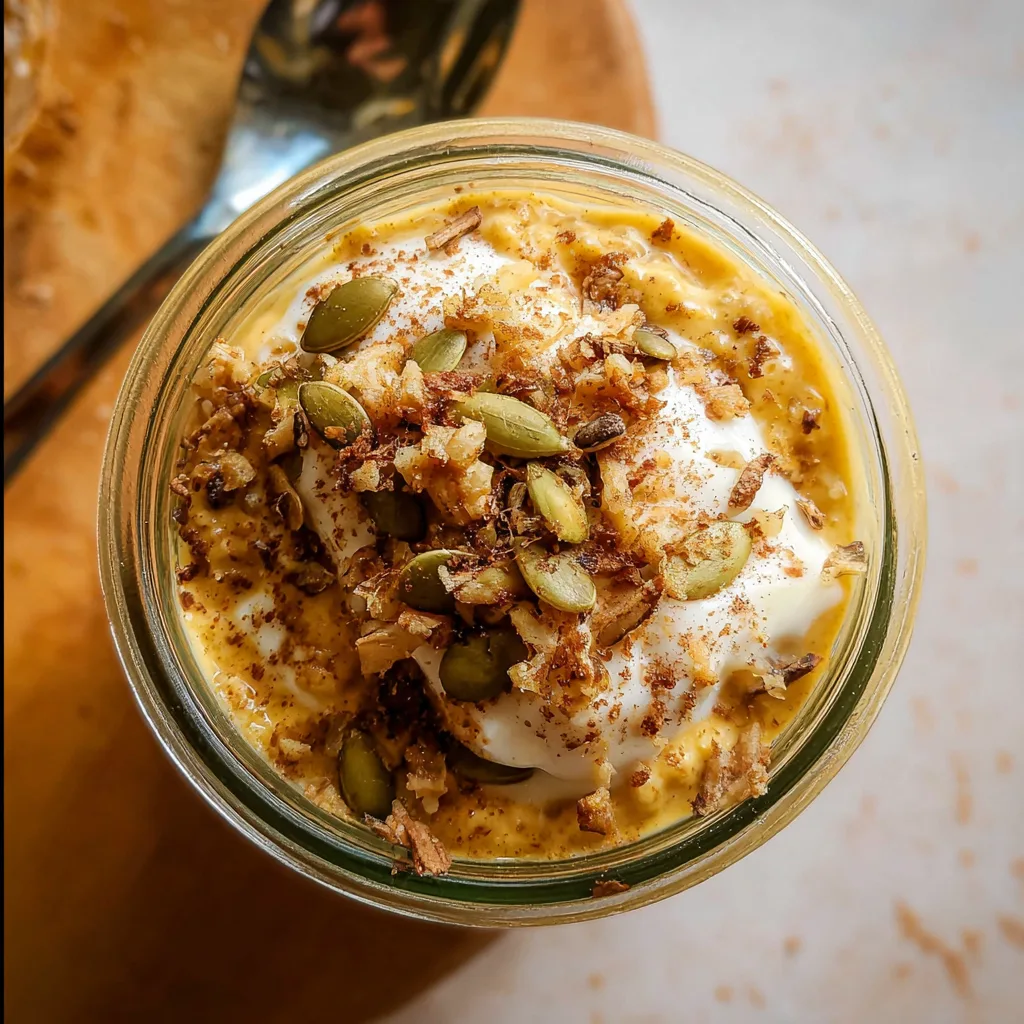 Top-down view of pumpkin oats with seeds, yogurt, and spices