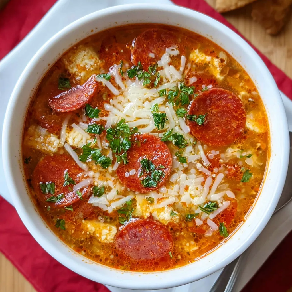 Pizza soup topped with pepperoni slices, shredded cheese and fresh herbs