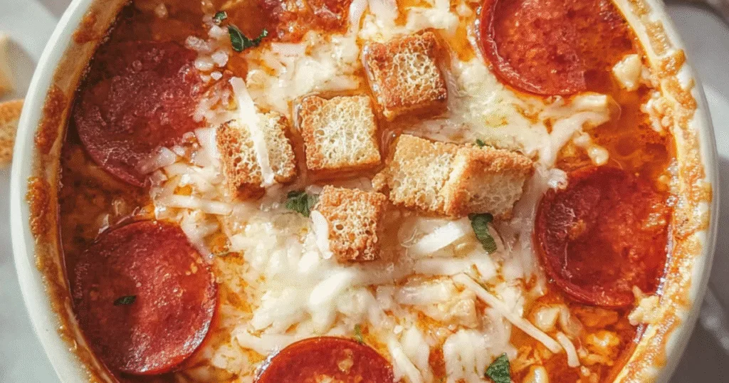 Pizza soup with cheese, pepperoni and crispy croutons on top