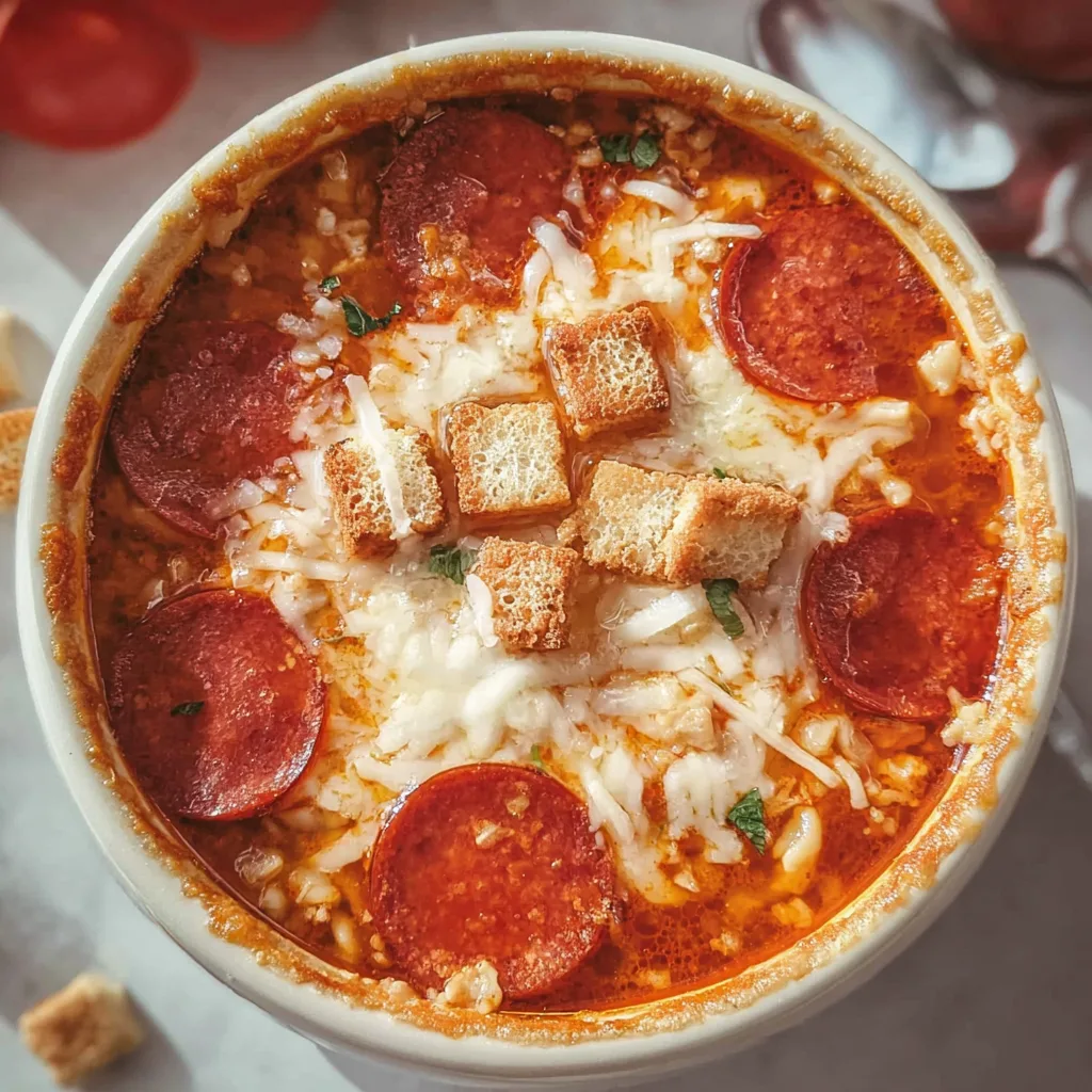 Pizza soup with cheese, pepperoni and crispy croutons on top