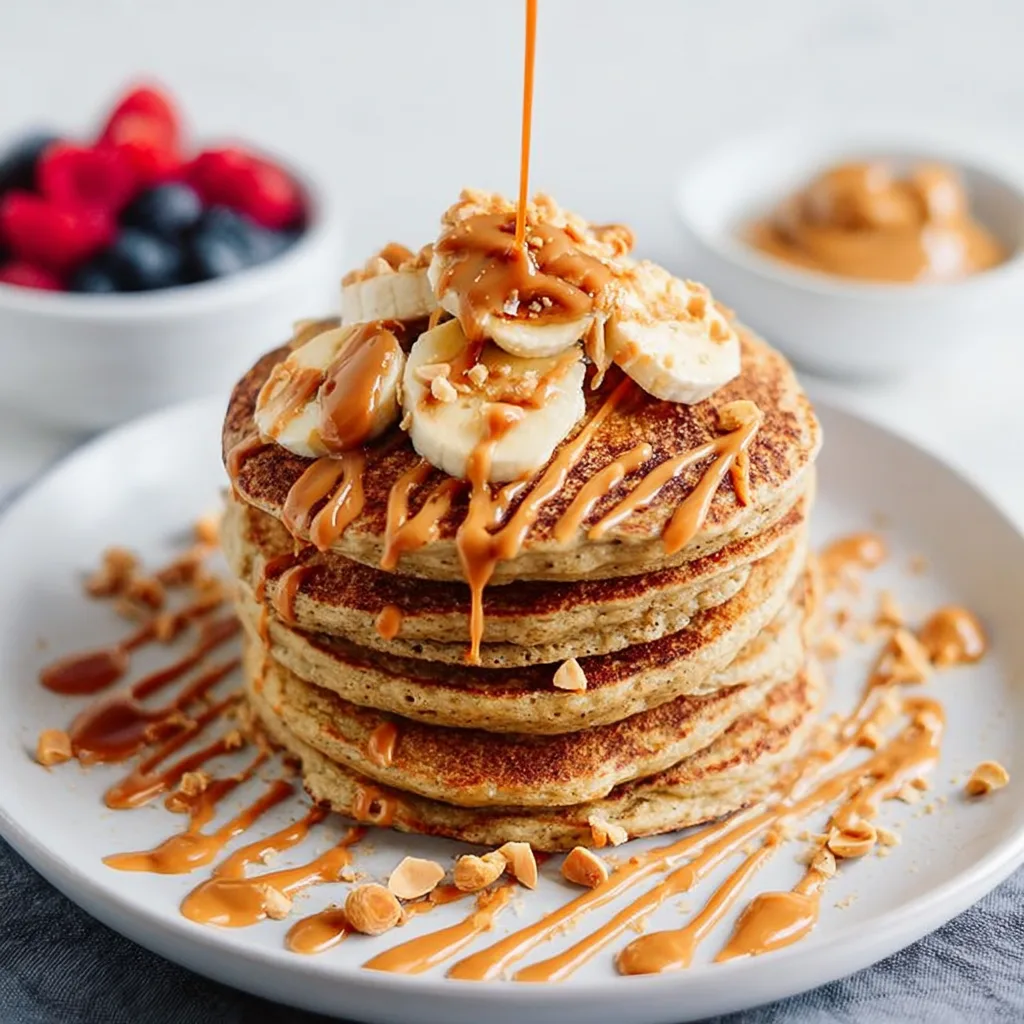 Stack of peanut butter pancakes with banana and peanut butter drizzle