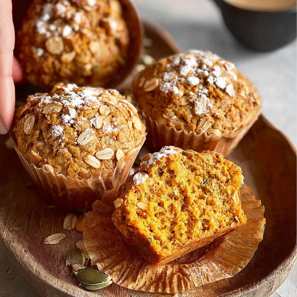 Pumpkin oat muffins on wooden plate with oat flakes